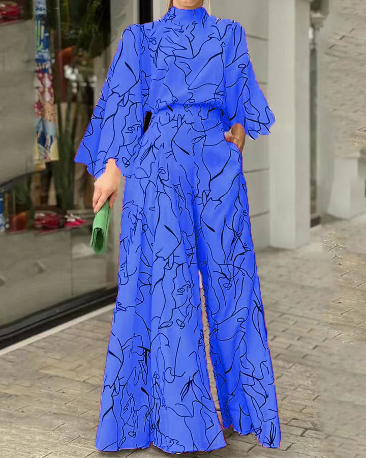 Damen Eleganter Longline Jumpsuit mit Stehkragen, Ballonärmeln und Seitentaschen Drune