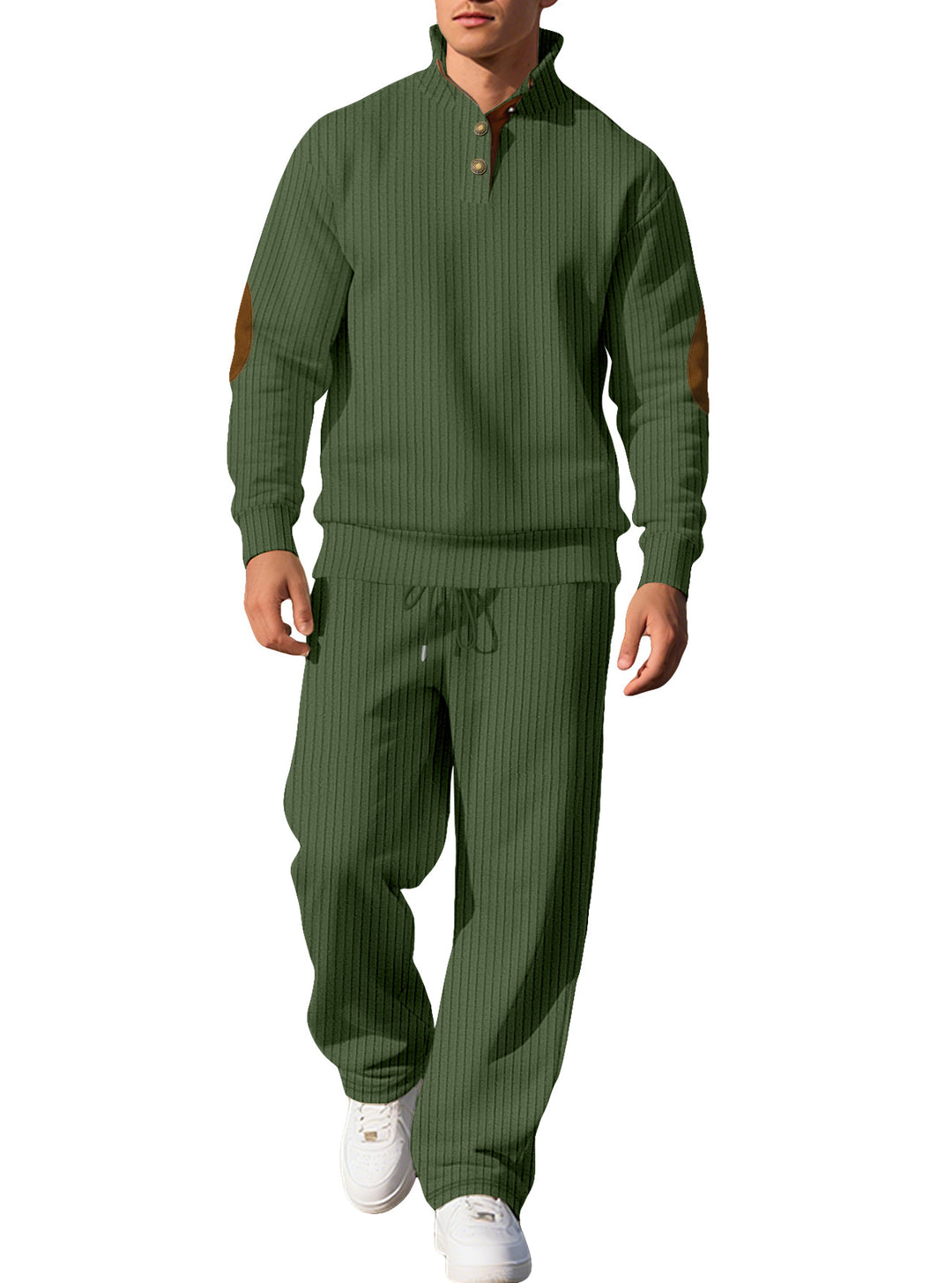Herren nan feiner Rippstrickpullover mit halber Knopfleiste hohem Stehkragen und kontrastierendem Suedine-Ellbogenbesatz Drune