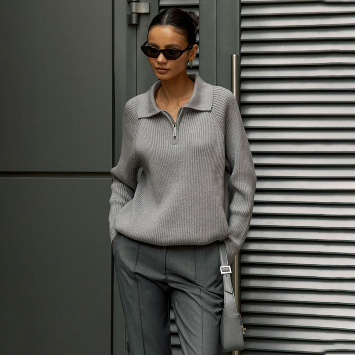 Damen Gemütlicher Feinstrickpullover mit Kängurutasche und Kragen Drune