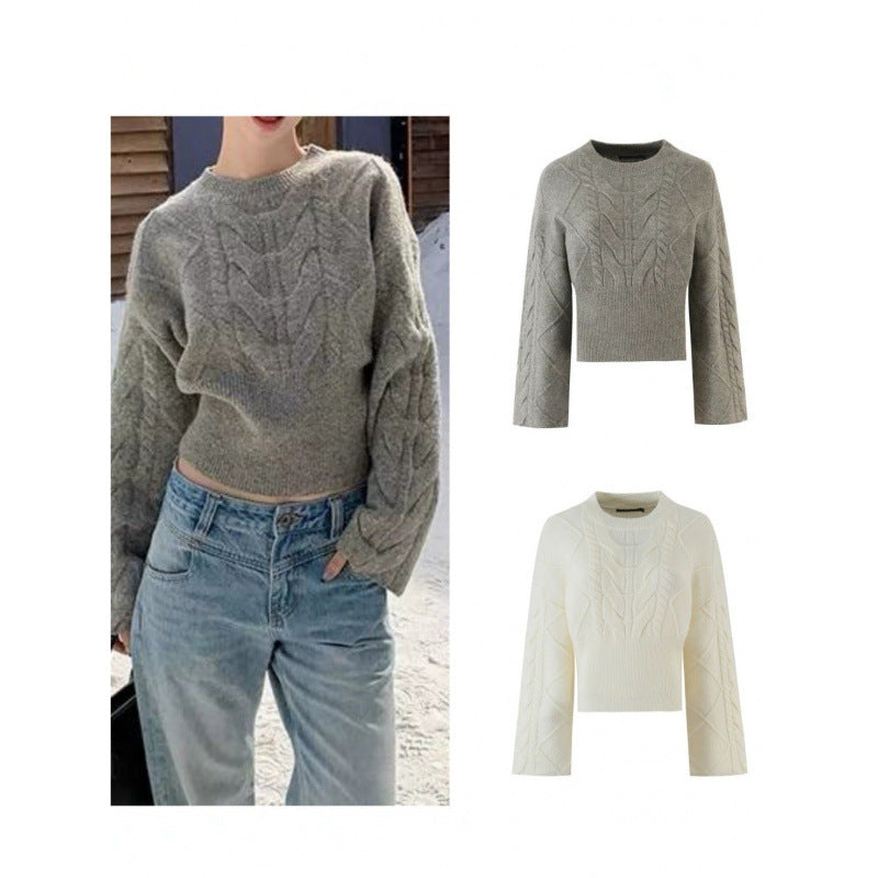Damen Kurz geschnittener Zopfstrick-Pullover mit weitem Ärmel und geripptem Saum Drune