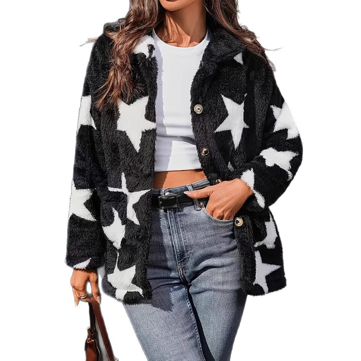 Damen Flauschige Jacke mit Sternenmuster und Knopfverschluss Drune