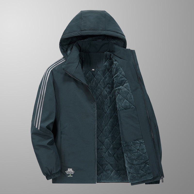 Herren Wattierte Kapuzen-Übergangsjacke mit gesteppter Teddy-Innenfütterung und markanten Ärmellängsstreifen Drune
