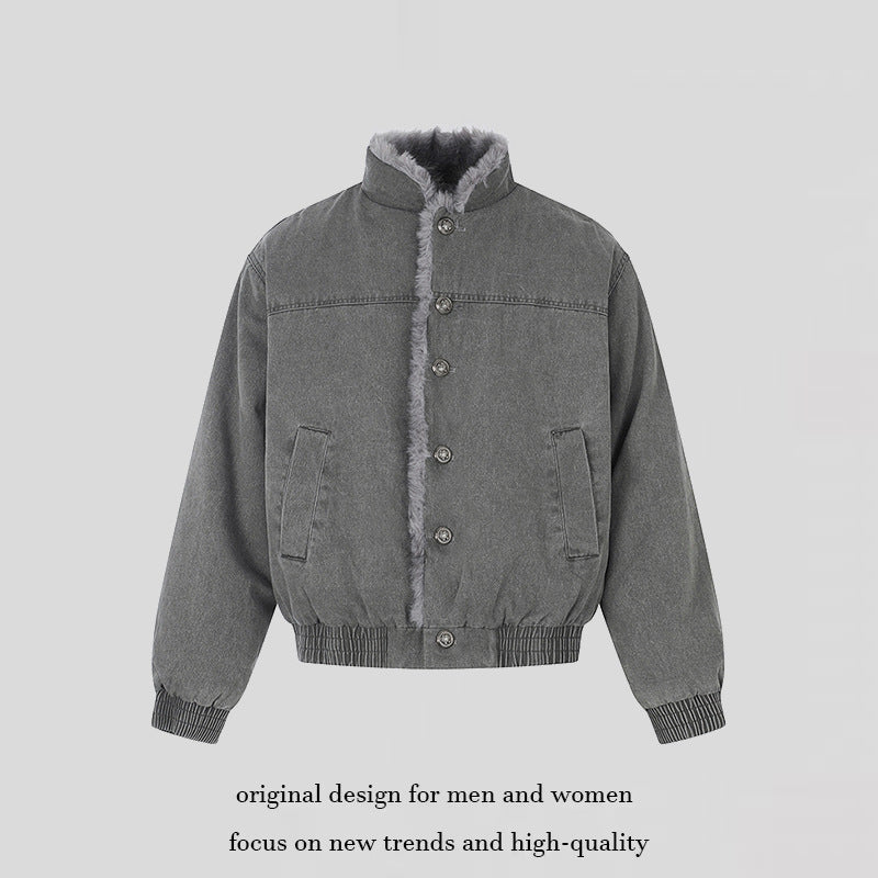 Damen gefütterte Denim-Bomberjacke mit Teddykragen und elastischem Saum Drune