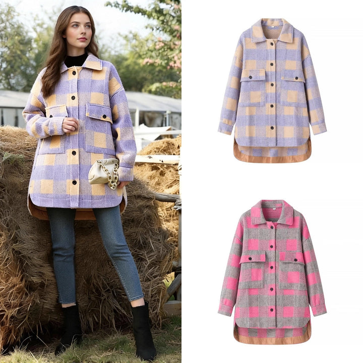 Damen Oversize Karierte Hemdjacke mit aufgesetzten Pattentaschen und verlängertem Saum Drune