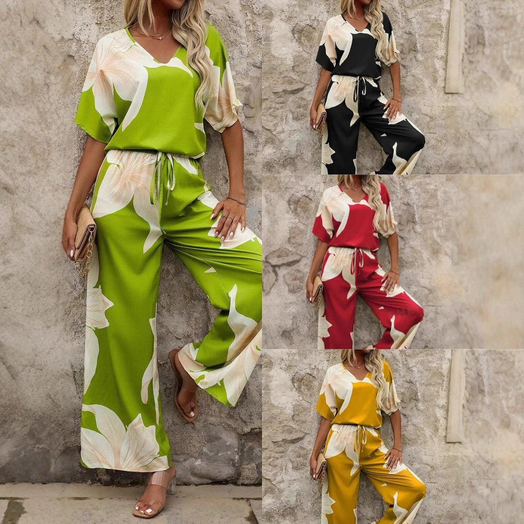 Damen Eleganter Jumpsuit mit floralen Mustern und weitem Bein Drune