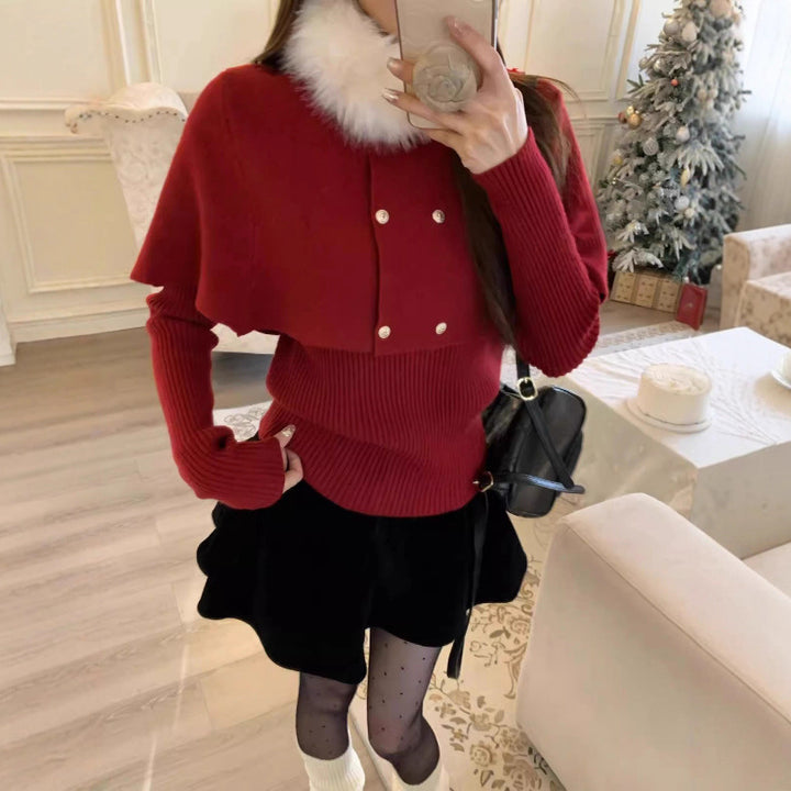 Damen Eleganter Kurzmantel mit abnehmbarem Pelzkragen Drune
