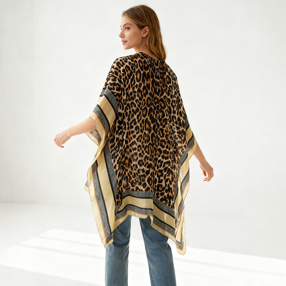 Damen Oversized Kimono-Überwurf mit Leopardmuster und breiter Satin-Bordüre Drune