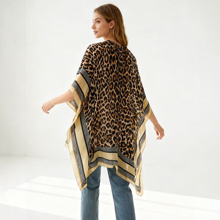 Damen Oversized Kimono-Überwurf mit Leopardmuster und breiter Satin-Bordüre Drune