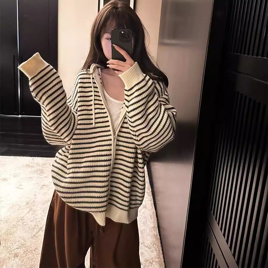 Damen lässige Strickjacke mit Kapuze und Streifenmuster Drune