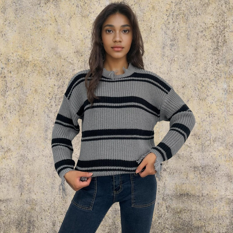 Damen lässiger Streifenpulli mit fransigen Details Drune
