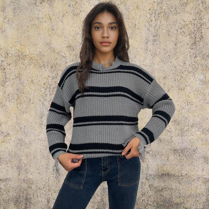 Damen lässiger Streifenpulli mit fransigen Details Drune