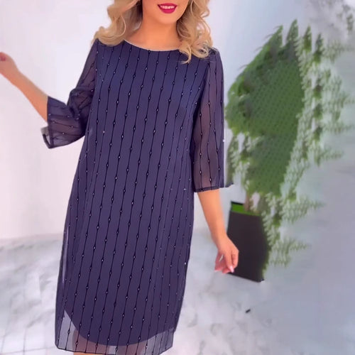 Damen nan elegantes Chiffon-Midikleid mit vertikaler Pailletten- und Perlenapplikation sowie transparenten Dreiviertelärmeln Drune