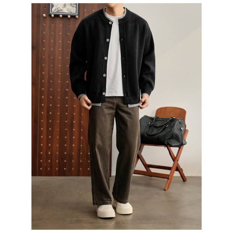 Herren Modische Strickjacke mit Rundhalsausschnitt Drune