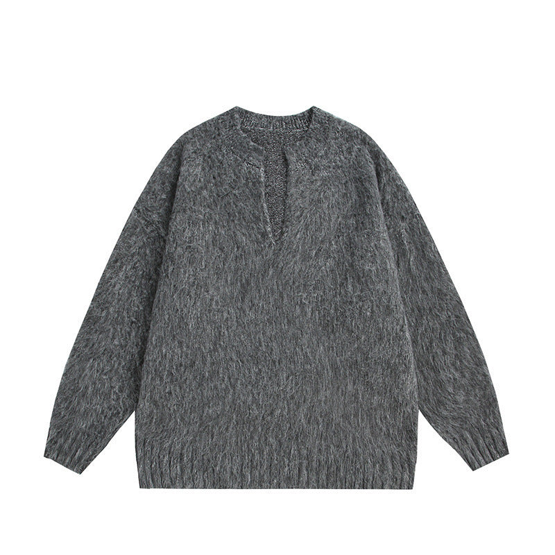 Unisex Oversize-Flauschpullover mit V-Schlitzkragen und Bouclé-Optik Drune