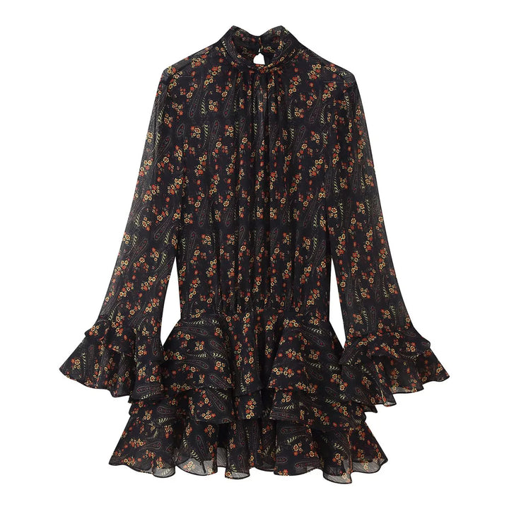 Damen nan fließendes Chiffon-Minikleid mit Stehkragen langen Volantärmeln und mehrstufigem Stufenrock Drune