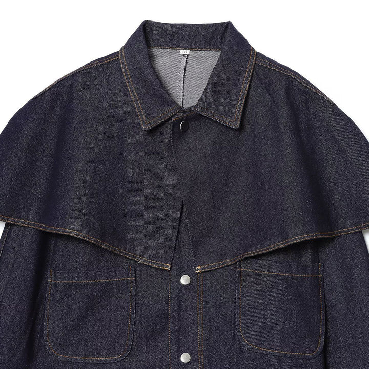 Damen nan cropped Jeansjacke mit Cape-Überwurf, Druckknopfverschluss und aufgesetzten Taschen Drune