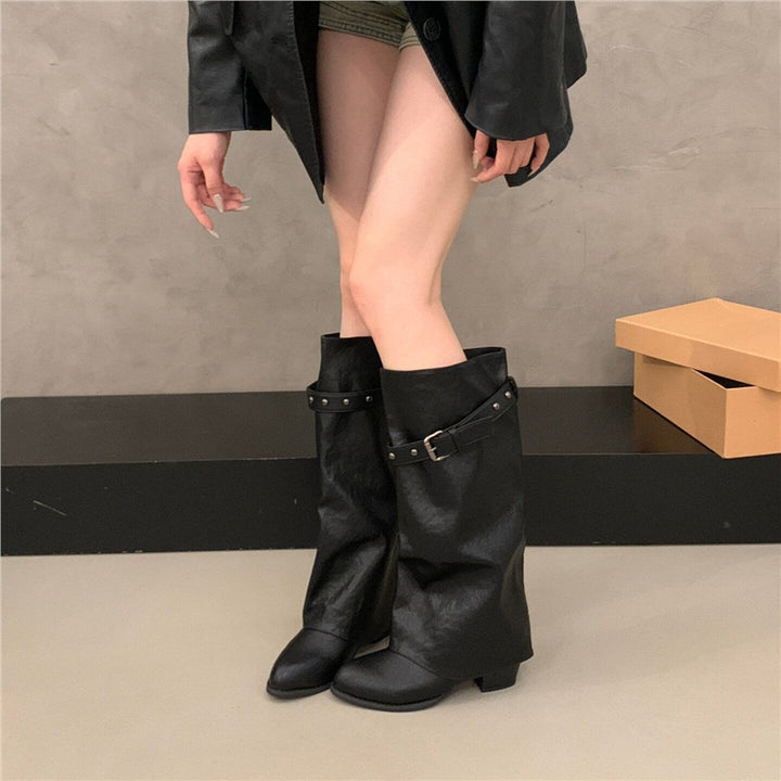 Damen Weiche Oversized Slouch-Overknee‑Stiefel mit verstellbarem Nieten‑Schnallenriemen Drune