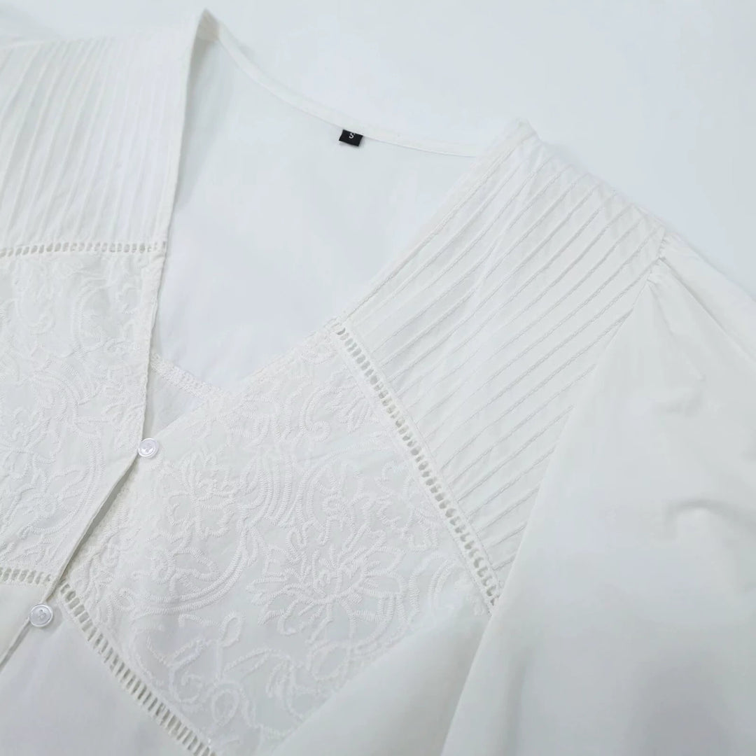 Damen Bestickte V‑Ausschnitt Bluse mit Kellerfaltenpasse und Ballonärmeln Drune