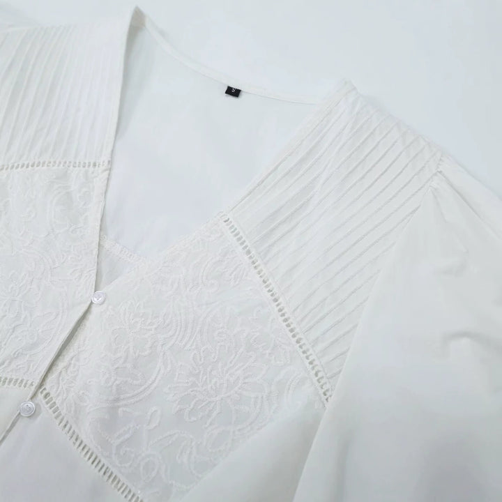 Damen Bestickte V‑Ausschnitt Bluse mit Kellerfaltenpasse und Ballonärmeln Drune