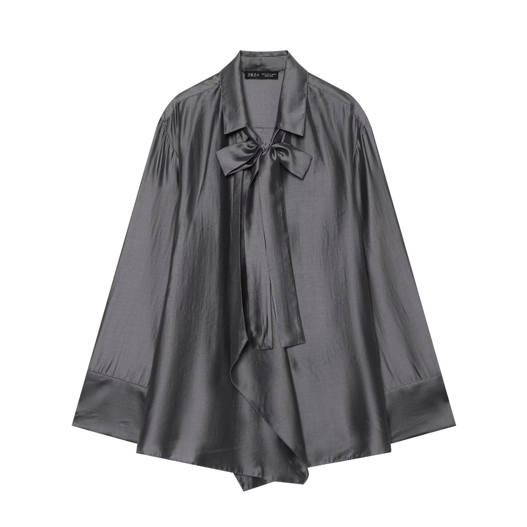 Damen Oversize-Seidenoptik-Bluse mit Schleifenkragen und asymmetrischem Saum Drune