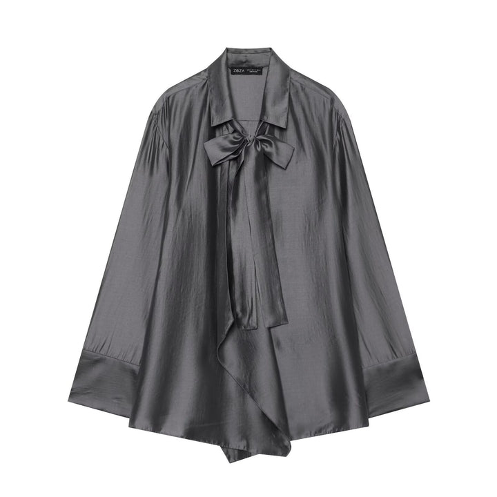 Damen Oversize-Seidenoptik-Bluse mit Schleifenkragen und asymmetrischem Saum Drune