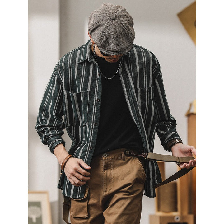 Herren Gestreiftes Overshirt-Hemd aus Baumwoll-Leinen mit Brusttaschen Drune