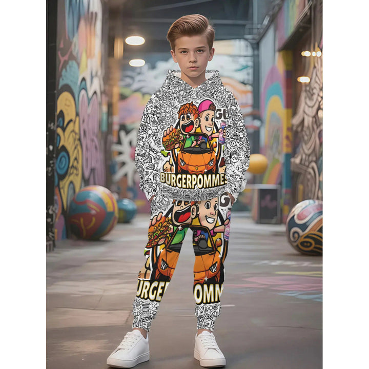 Unisex nan Kinder Jogginganzug mit Kapuzenpullover und detailreichem Auto-Print Drune