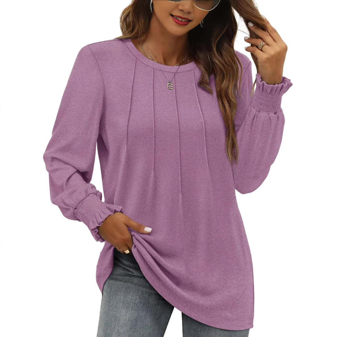 Damen Longsleeve-Tunika mit senkrechten Biesen und gerafften Rüschbündchen Drune