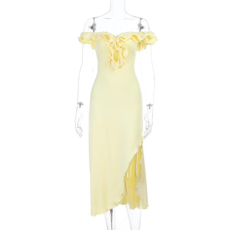 Damen Off-Shoulder Maxikleid mit raffinierten Rüschendetails Drune