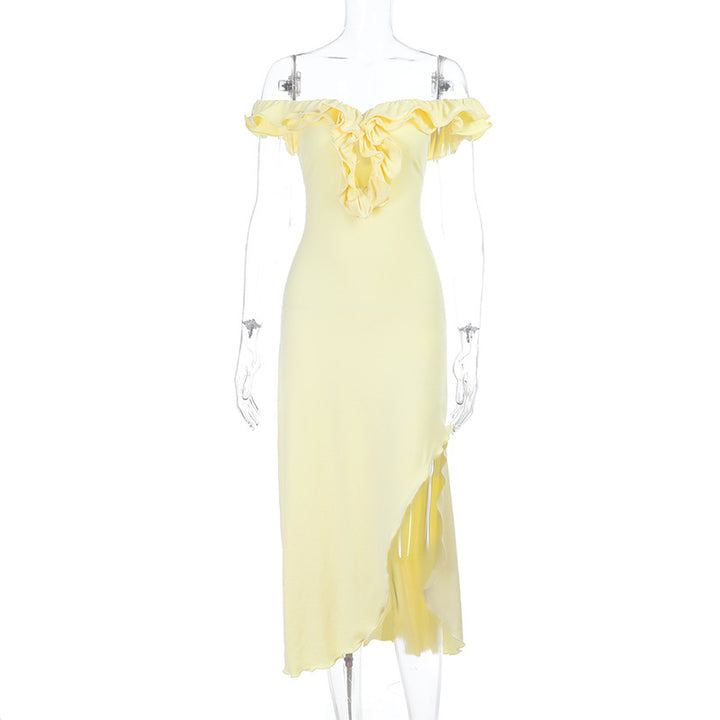 Damen Off-Shoulder Maxikleid mit raffinierten Rüschendetails Drune