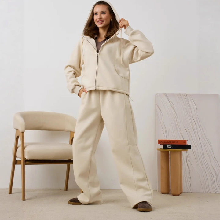 Damen Oversize-Zip-Hoodie mit Kängurutasche und hochgeschnittener Sweathose mit weiter Beinführung Set Drune