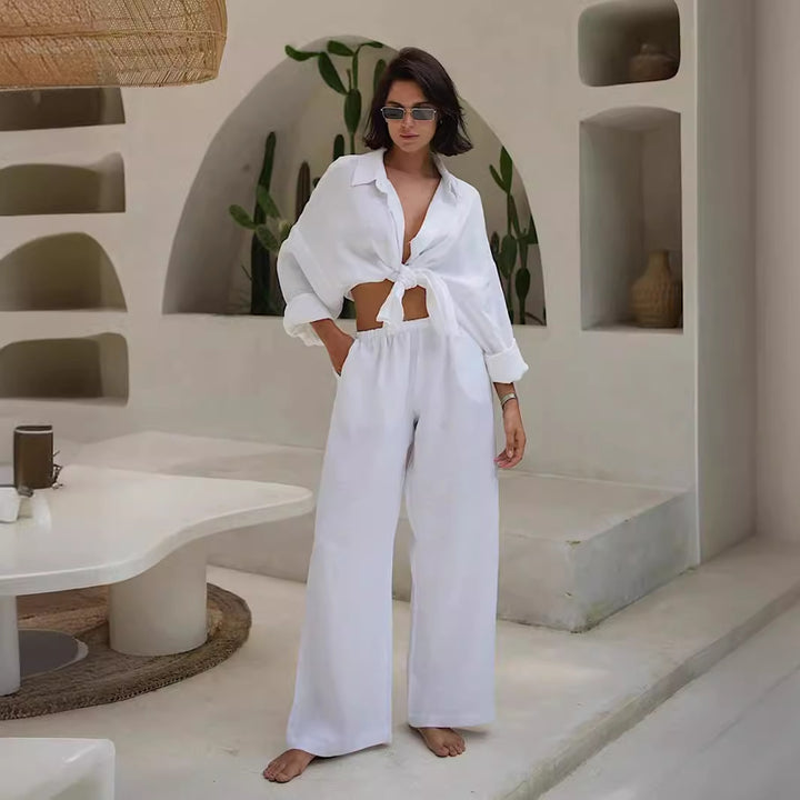 Damen Bequemes Leinen-Loungewear-Ensemble mit weiten Ärmeln und fließender Hose Drune