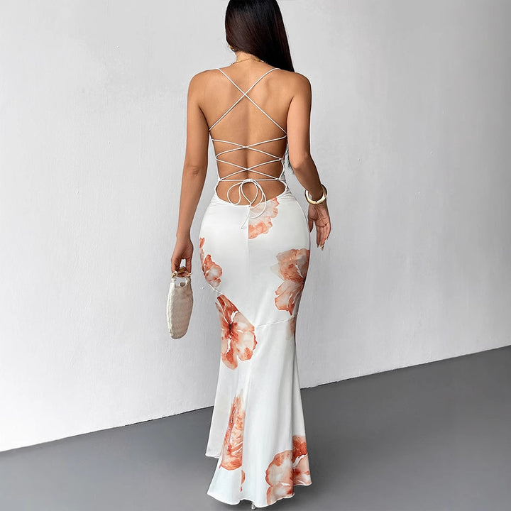 Damen Maxikleid mit zarten floralen Akzenten und schimmerndem Stoff Drune