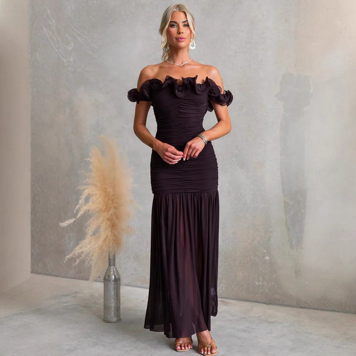 Damen Off-Shoulder Maxikleid mit voluminösen Rüschendetails und elegantem Taillenschnitt Drune