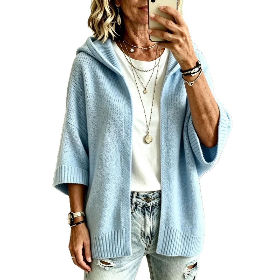 Damen Kapuzen-Longcardigan aus grobem Strick mit 3/4-Ärmeln und offener Front Drune