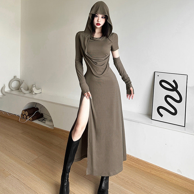Damen Maxikleid mit Kapuze und drapiertem Oberteil Drune