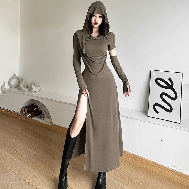 Damen Maxikleid mit Kapuze und drapiertem Oberteil Drune