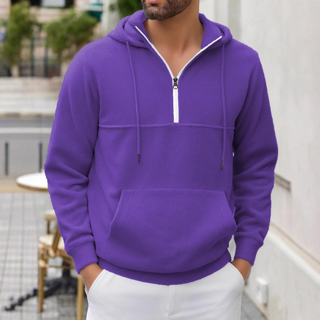 Herren Fleece-Halbzip-Hoodie mit Kängurutasche, halbem Reißverschluss und Kapuze Drune