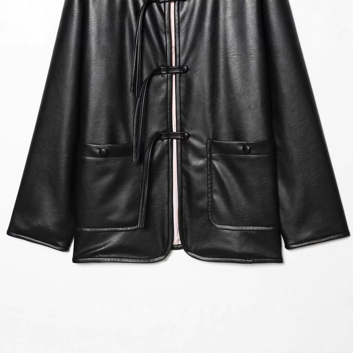 Damen nan Oversized Kunstlederjacke mit Knebelverschlüssen und aufgesetzten Pattentaschen Drune