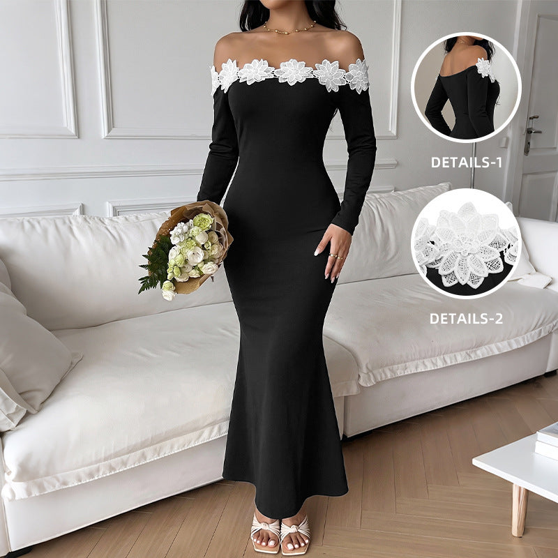 Damen Elegantes Off-Shoulder Maxikleid mit Spitzeneinsätzen Drune