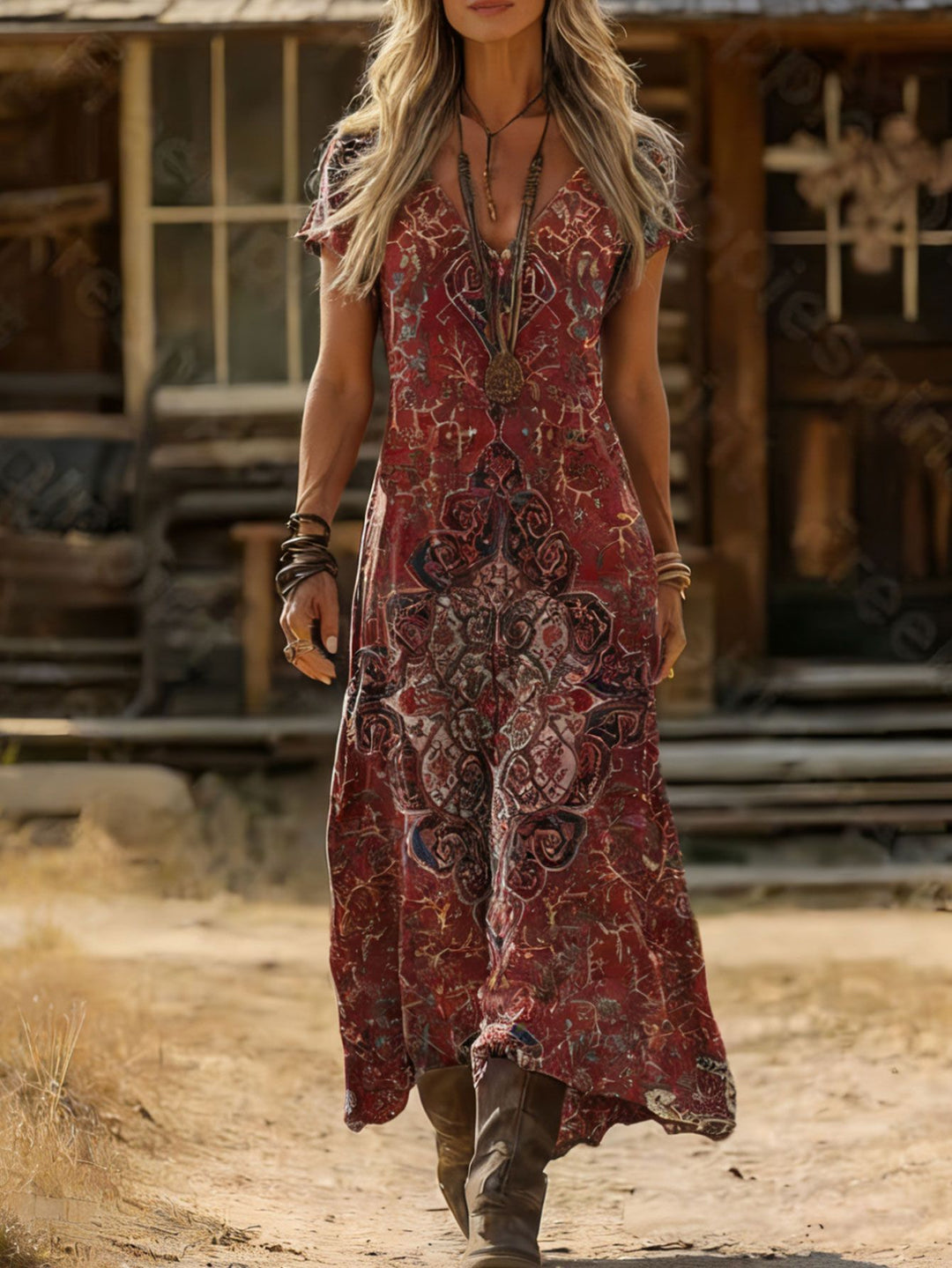 Damen Maxikleid mit v-ausschnitt und kunstvollem Druck Drune