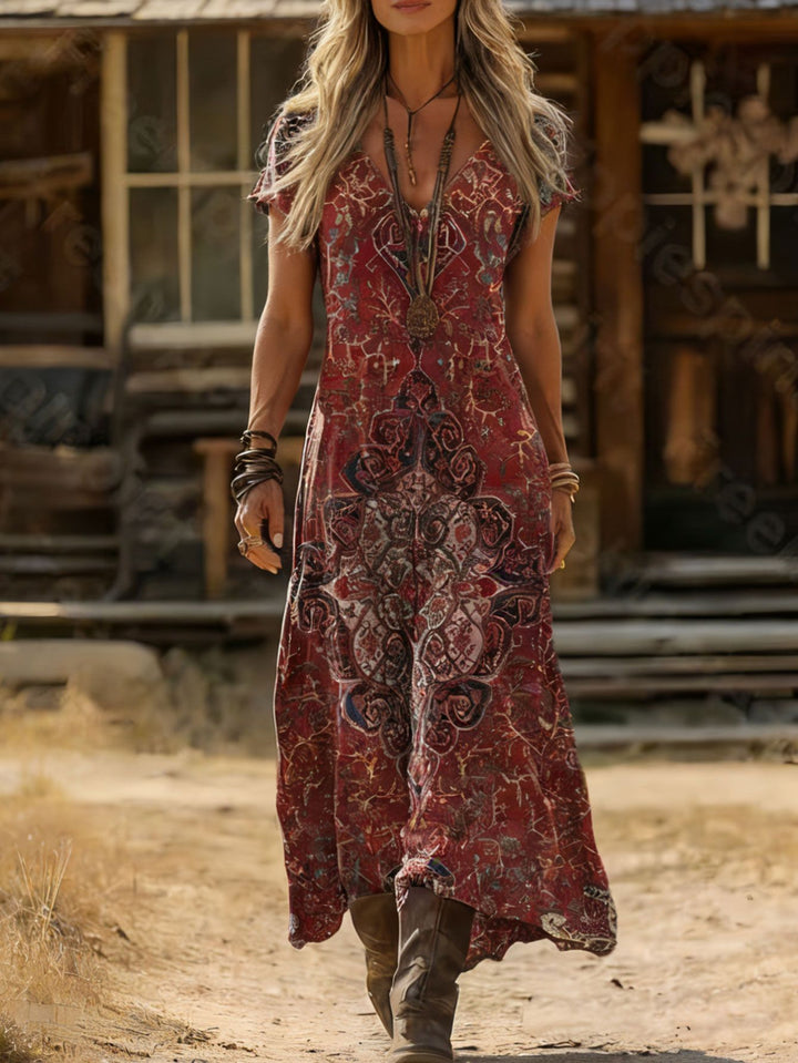Damen Maxikleid mit v-ausschnitt und kunstvollem Druck Drune