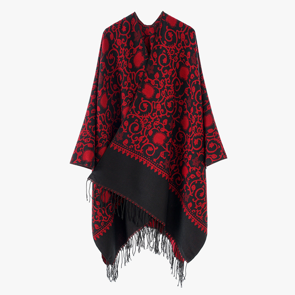 Damen Jacquard-Ruana mit ornamentalem Bordürenmuster und Fransensaum Drune