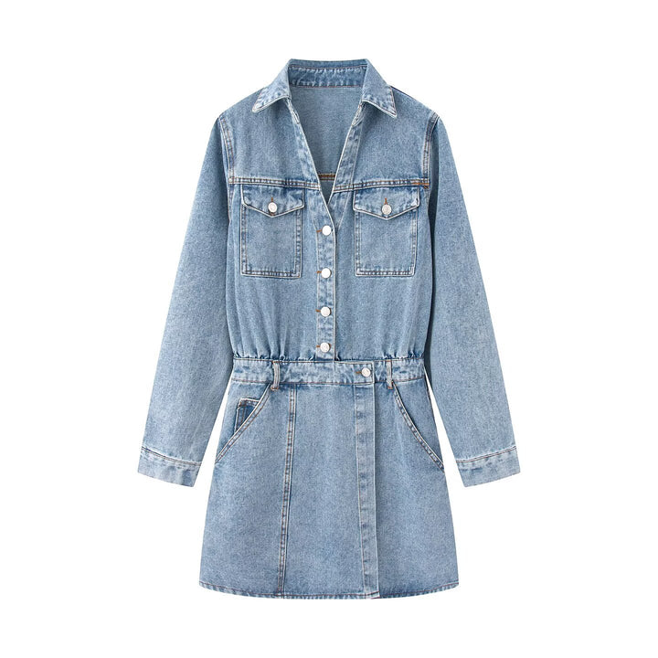Damen Jeanskleid mit Taillengürtel, Hemdkragen und aufgesetzten Brusttaschen Drune