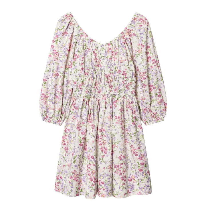 Damen Geblümtes Midikleid mit weiten Ballonärmeln, Smok-Taillenpartie und V‑Ausschnitt Drune