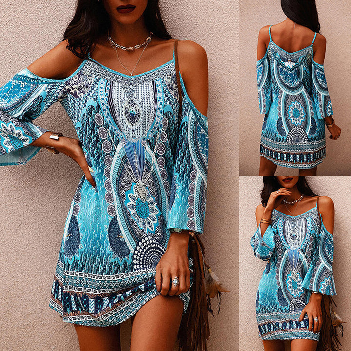 Damen Bohemian Off-Shoulder Tunika Kleid Drune
