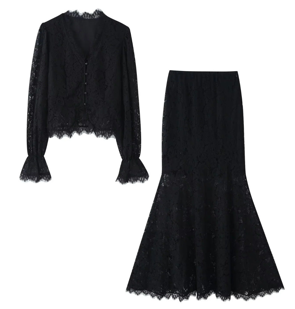 Damen 20+ zweiteiliges Spitzen‑Set: taillierte Bluse mit Volantärmeln und ausgestelltem Mermaid‑Midirock Drune