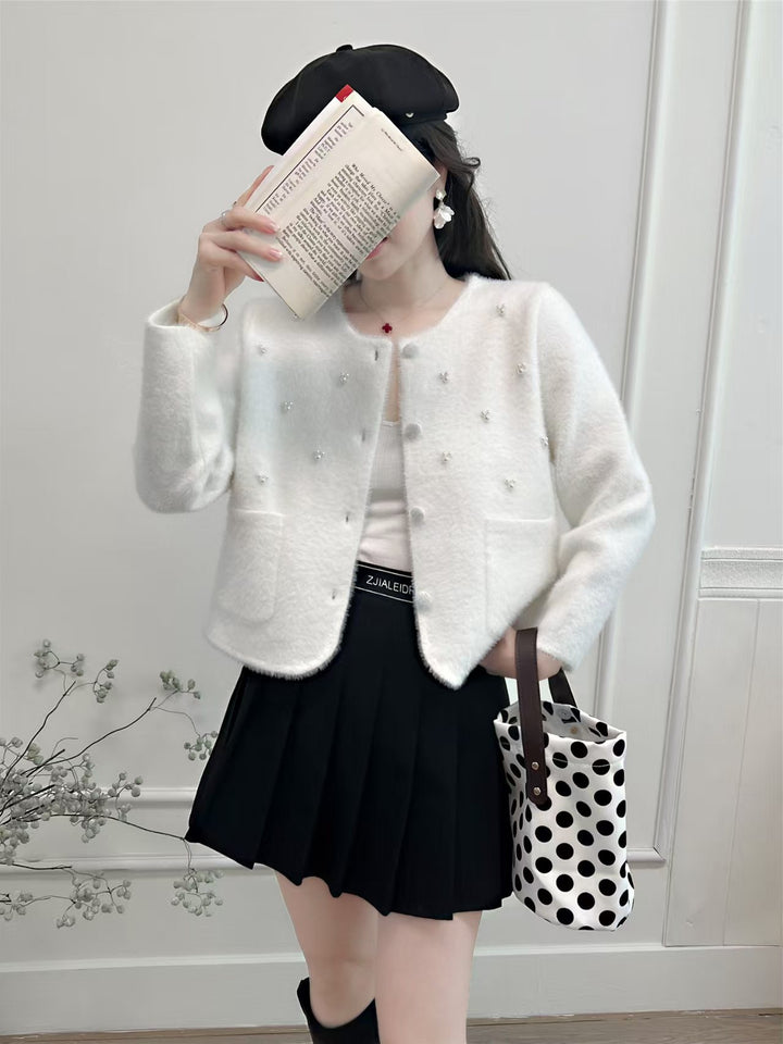 Damen Kuschelige Strickjacke mit Perlenverzierung und klassischen Rundhalsausschnitt Drune