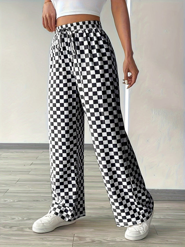 Damen Weite Freizeithose mit kariertem Muster und elastischem Bund Drune