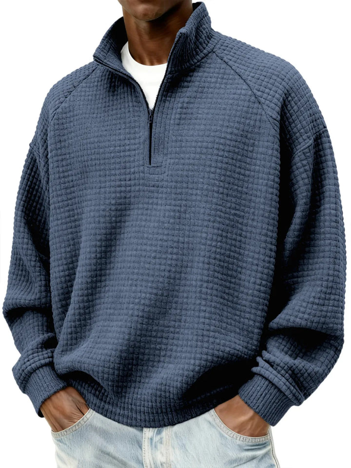 Herren Waffelstrick-Oversize-Pullover mit Halbreißverschluss und Stehkragen Drune